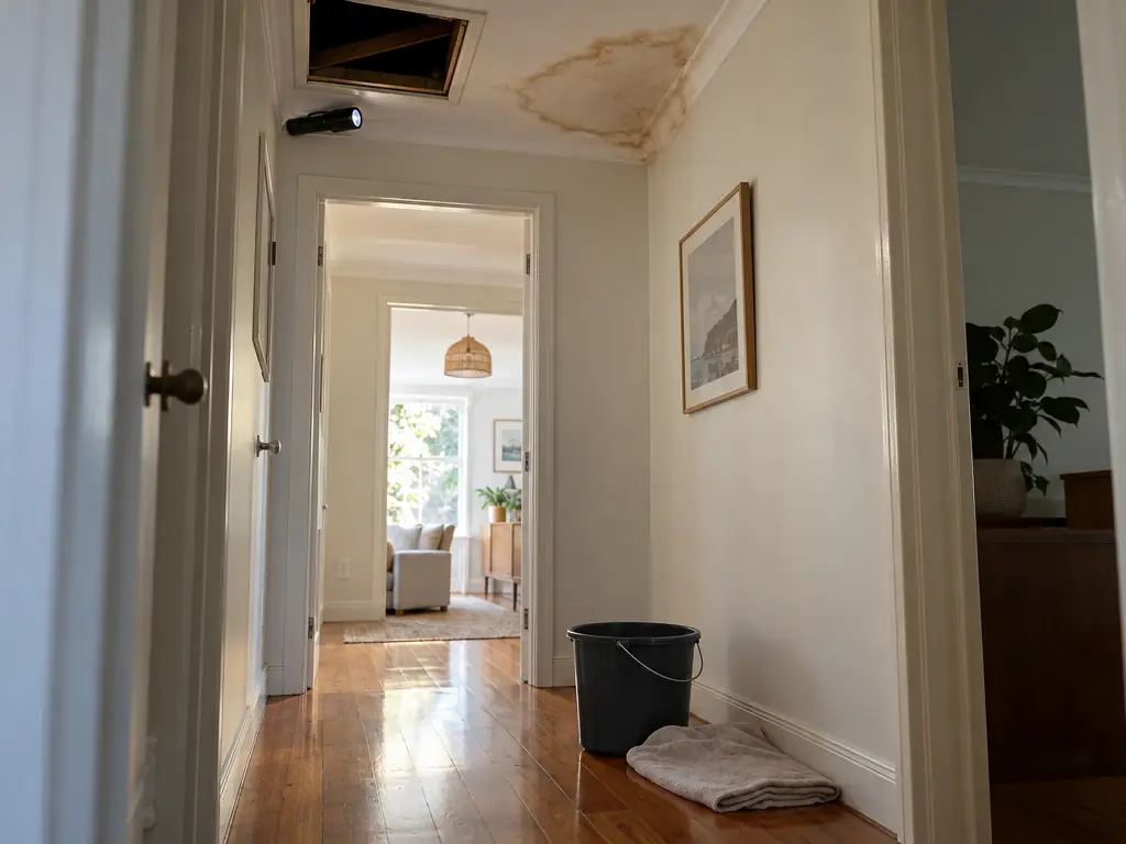 A hallway with a white plasterboard ceiling. A brown water stain spreads from the cornice beside an open square manhole, with a torch next to the opening. A black bucket and a folded towel sit on the timber floorboards below.