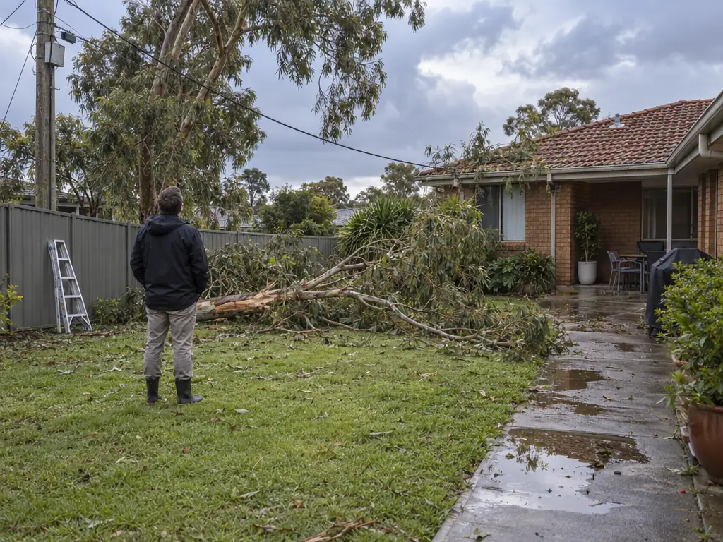 A wet back garden just after a storm. A person in a dark jacket and gumboots stands on the lawn with their back to the camera, looking towards a single-storey brick house with a terracotta tile roof. A large gum branch lies across the lawn, an overhead line runs from a power pole to the house, an aluminium stepladder stands unused by a grey metal fence, and puddles lie on the concrete path.